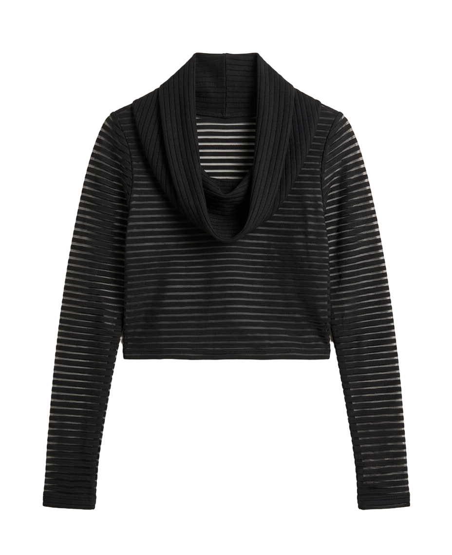 Sheer striped cowl-neck top with exaggerated sleeves