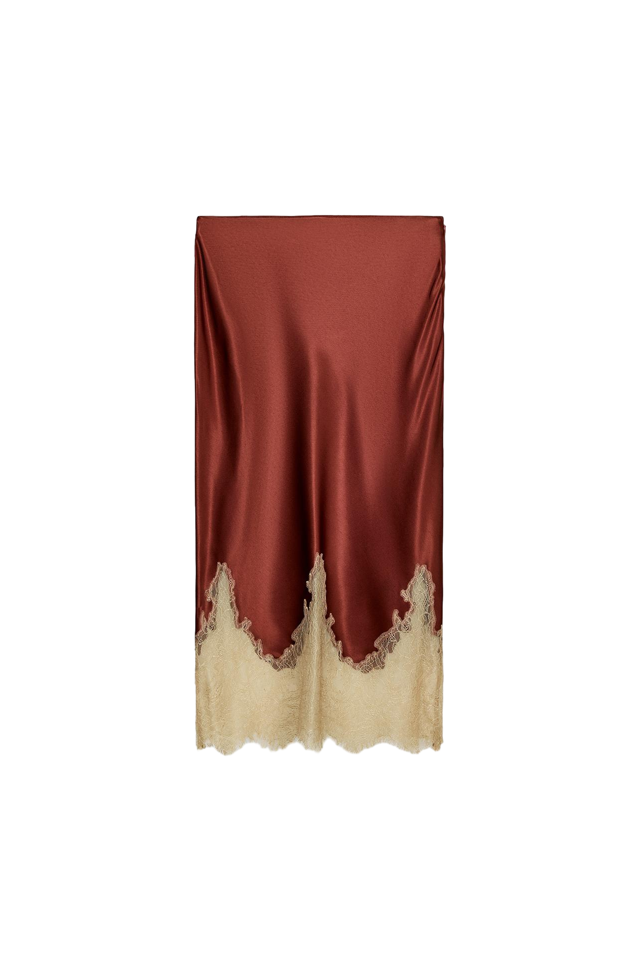 Lace-trimmed satin midi skirt