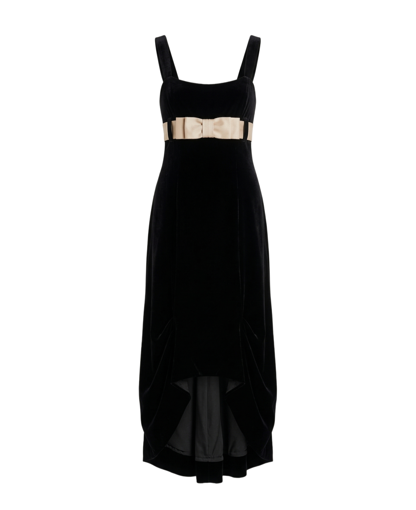Black velvet gown with ivory ribbon