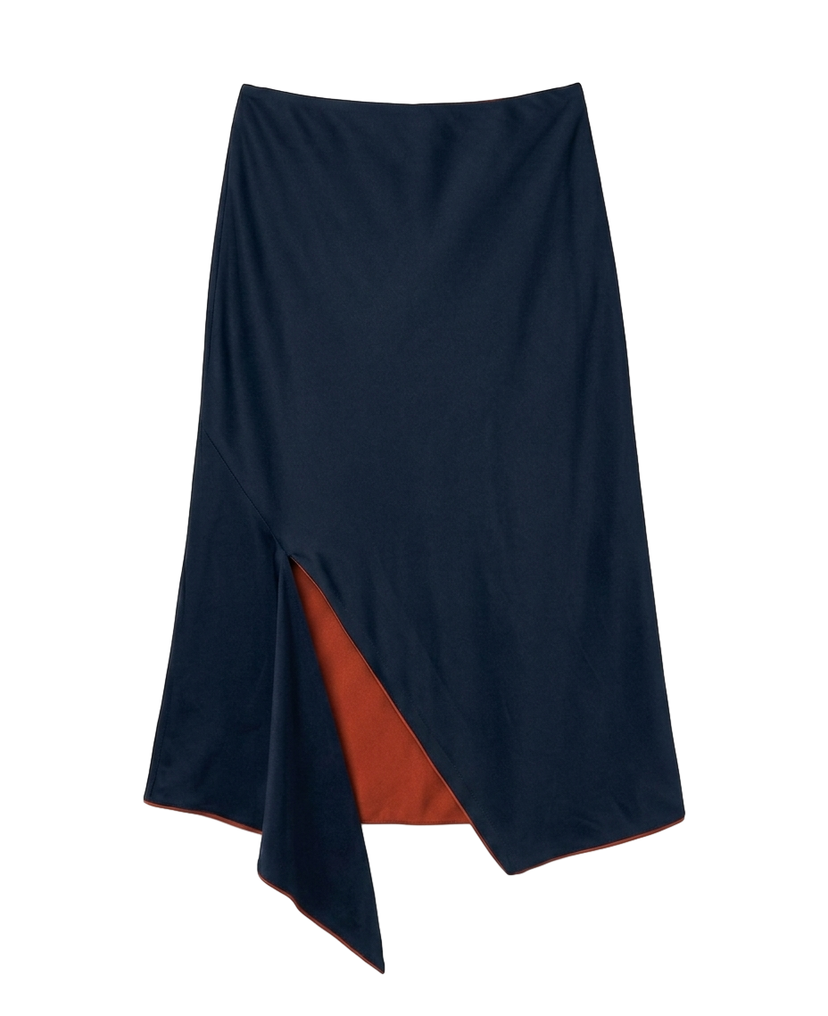 Asymmetric contrast-lined midi skirt