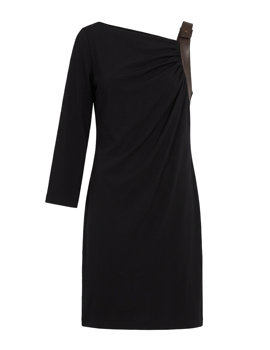 Asymmetric leather-strap jersey dress