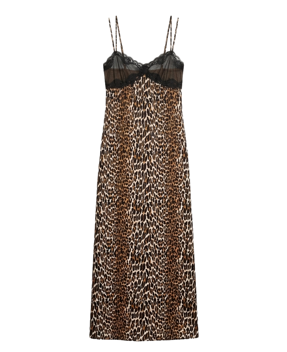 Leopard lace-trim slip dress