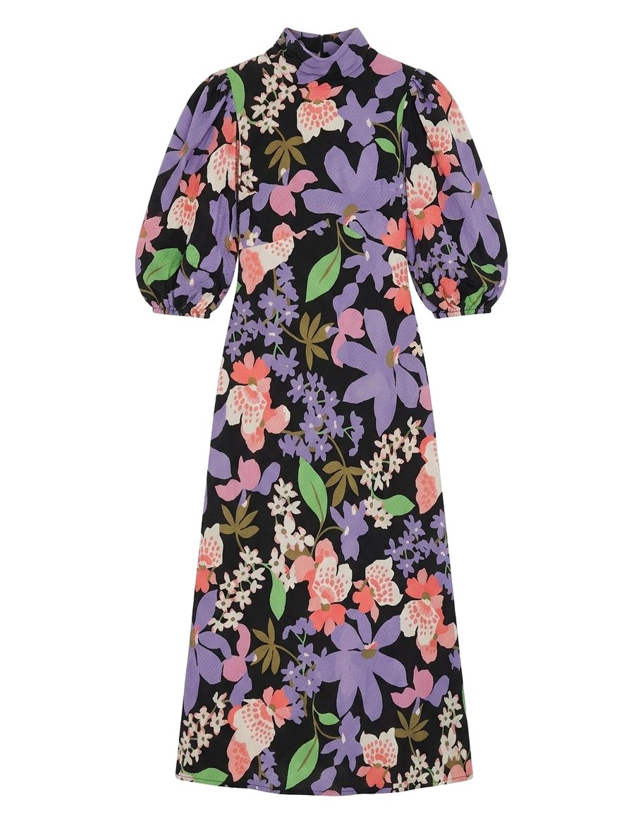 Floral puff-sleeve midi dress