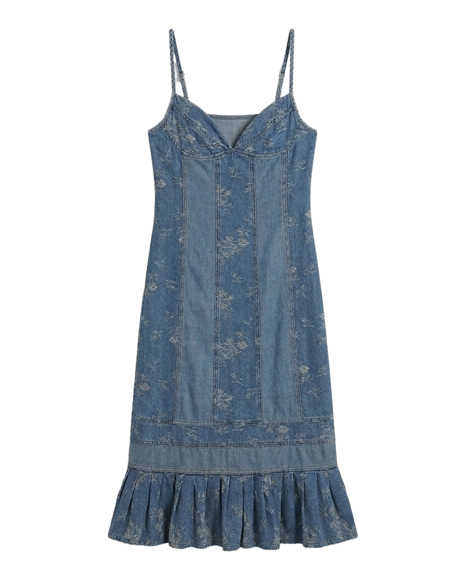 Floral denim ruffle-hem slip dress