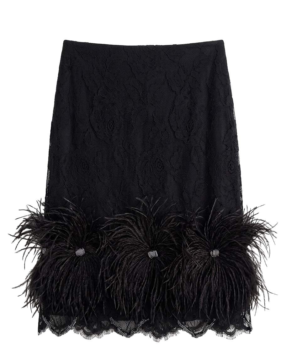 Feather-trimmed lace skirt
