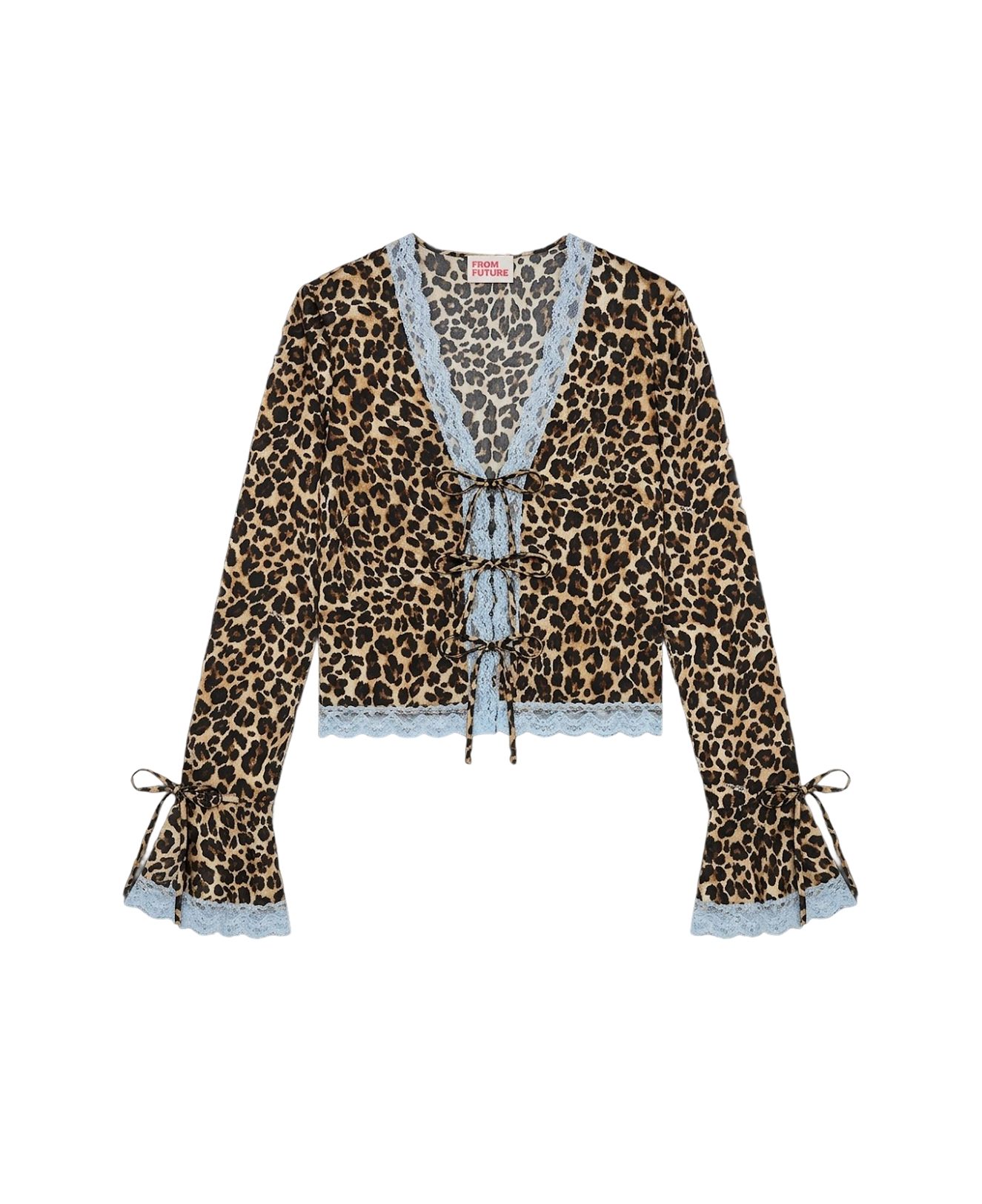 Leopard lace-trimmed tie-front cardigan